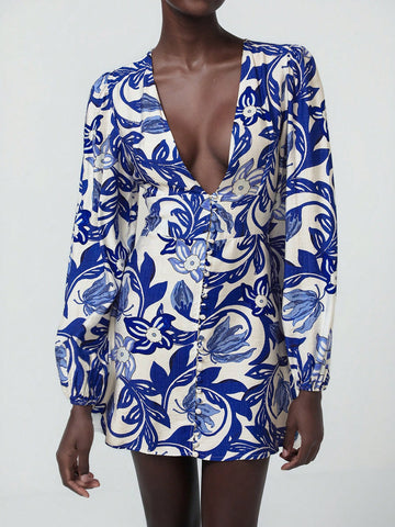 Aveloria Modichic Elegant V-Neck Single Breasted Bamboo Knot Decor Blue Floral Print White Base Slim Fit Short Casual Dress For Women Aveloria Modichic Elegant V-Neck Single Breasted Bamboo Knot Decor Blue Floral Print White Base Slim Fit Short Casual Dress For Women