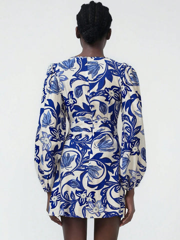 Aveloria Modichic Elegant V-Neck Single Breasted Bamboo Knot Decor Blue Floral Print White Base Slim Fit Short Casual Dress For Women Aveloria Modichic Elegant V-Neck Single Breasted Bamboo Knot Decor Blue Floral Print White Base Slim Fit Short Casual Dress For Women