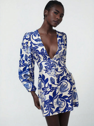 Aveloria Modichic Elegant V-Neck Single Breasted Bamboo Knot Decor Blue Floral Print White Base Slim Fit Short Casual Dress For Women Aveloria Modichic Elegant V-Neck Single Breasted Bamboo Knot Decor Blue Floral Print White Base Slim Fit Short Casual Dress For Women