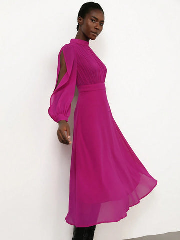 Aveloria Modichic French Elegant Elegant Stand Collar Pleated Long Sleeve Chiffon Flowy Dress For Women Aveloria Modichic French Elegant Elegant Stand Collar Pleated Long Sleeve Chiffon Flowy Dress For Women