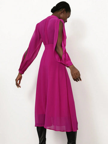 Aveloria Modichic French Elegant Elegant Stand Collar Pleated Long Sleeve Chiffon Flowy Dress For Women Aveloria Modichic French Elegant Elegant Stand Collar Pleated Long Sleeve Chiffon Flowy Dress For Women