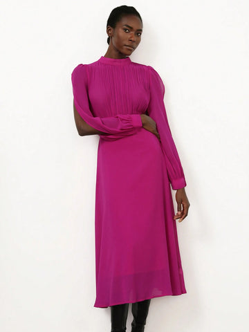 Aveloria Modichic French Elegant Elegant Stand Collar Pleated Long Sleeve Chiffon Flowy Dress For Women Aveloria Modichic French Elegant Elegant Stand Collar Pleated Long Sleeve Chiffon Flowy Dress For Women