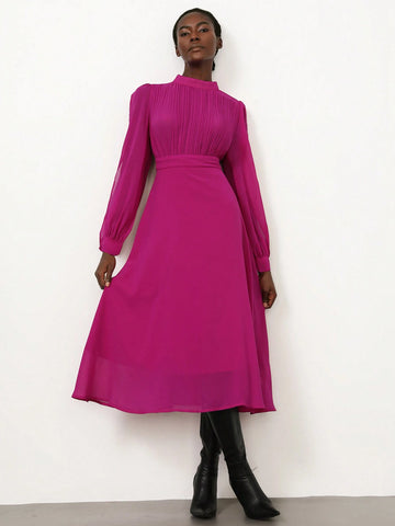 Aveloria Modichic French Elegant Elegant Stand Collar Pleated Long Sleeve Chiffon Flowy Dress For Women Aveloria Modichic French Elegant Elegant Stand Collar Pleated Long Sleeve Chiffon Flowy Dress For Women