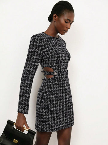 Aveloria Modichic French Elegant Tweed Fashion Versatile Round Neck Waist Hollow Out Waist Long Sleeve Short Women Dress Aveloria Modichic French Elegant Tweed Fashion Versatile Round Neck Waist Hollow Out Waist Long Sleeve Short Women Dress