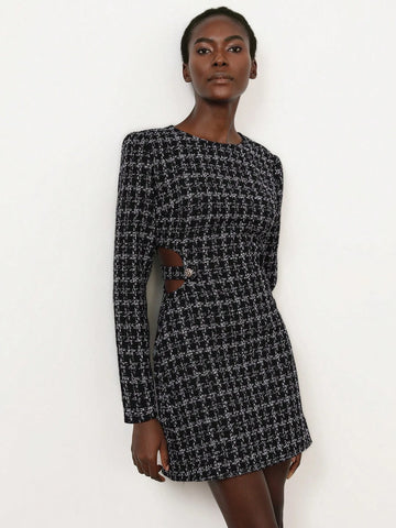 Aveloria Modichic French Elegant Tweed Fashion Versatile Round Neck Waist Hollow Out Waist Long Sleeve Short Women Dress Aveloria Modichic French Elegant Tweed Fashion Versatile Round Neck Waist Hollow Out Waist Long Sleeve Short Women Dress