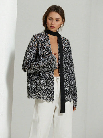 Aveloria Modichic French Style Casual Cutwork Embroidered Self-Tie Waist V-Neck Wrapped Lantern Sleev Aveloria Modichic French Style Casual Cutwork Embroidered Self-Tie Waist V-Neck Wrapped Lantern Sleev