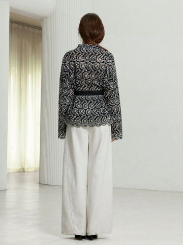 Aveloria Modichic French Style Casual Cutwork Embroidered Self-Tie Waist V-Neck Wrapped Lantern Sleev Aveloria Modichic French Style Casual Cutwork Embroidered Self-Tie Waist V-Neck Wrapped Lantern Sleev