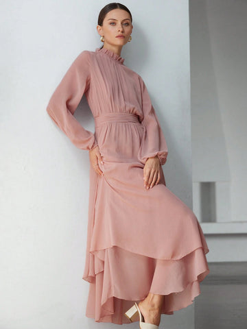 Aveloria Modichic Romantic French Style Ruffle Hem Decor Waist Flattering V-Neck Chiffon Dress For Women Aveloria Modichic Romantic French Style Ruffle Hem Decor Waist Flattering V-Neck Chiffon Dress For Women