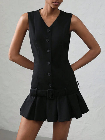 Aveloria Modichic Women French Single-Breasted Pleated Buckle Belted Sleeveless Dress Aveloria Modichic Women French Single-Breasted Pleated Buckle Belted Sleeveless Dress