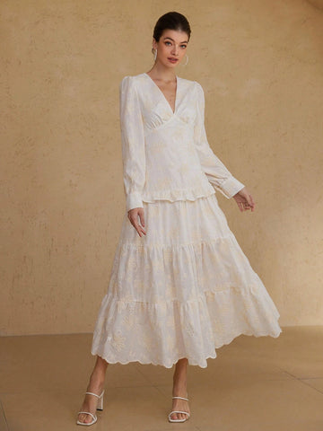 Aveloria Rosie Elegant Embroidered Vintage V-Neck Waisted Splice Frill Trim Long Sleeve Dress For Women Aveloria Rosie Elegant Embroidered Vintage V-Neck Waisted Splice Frill Trim Long Sleeve Dress For Women
