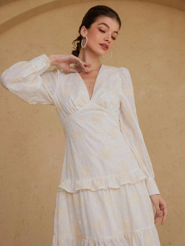 Aveloria Rosie Elegant Embroidered Vintage V-Neck Waisted Splice Frill Trim Long Sleeve Dress For Women Aveloria Rosie Elegant Embroidered Vintage V-Neck Waisted Splice Frill Trim Long Sleeve Dress For Women