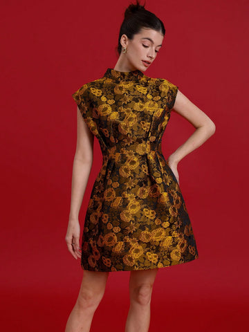 Aveloria Rosie Elegant French Lady Inspired Jacquard Short Sleeve Stand Collar Cinched Waist A-Line Mini Dress, Perfect For Dating & Occasions Aveloria Rosie Elegant French Lady Inspired Jacquard Short Sleeve Stand Collar Cinched Waist A-Line Mini Dress, Perfect For Dating & Occasions