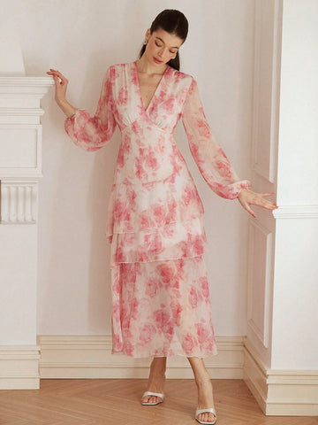 Aveloria Rosie Elegant V-Neck Random Floral Print Chiffon Cinched Waist Asymmetric Hem Long Sleeve Dress For Women Aveloria Rosie Elegant V-Neck Random Floral Print Chiffon Cinched Waist Asymmetric Hem Long Sleeve Dress For Women