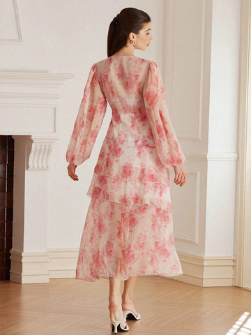 Aveloria Rosie Elegant V-Neck Random Floral Print Chiffon Cinched Waist Asymmetric Hem Long Sleeve Dress For Women Aveloria Rosie Elegant V-Neck Random Floral Print Chiffon Cinched Waist Asymmetric Hem Long Sleeve Dress For Women