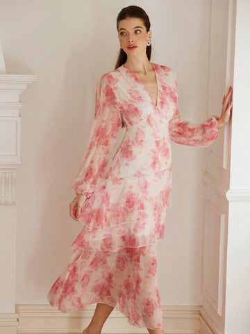 Aveloria Rosie Elegant V-Neck Random Floral Print Chiffon Cinched Waist Asymmetric Hem Long Sleeve Dress For Women Aveloria Rosie Elegant V-Neck Random Floral Print Chiffon Cinched Waist Asymmetric Hem Long Sleeve Dress For Women