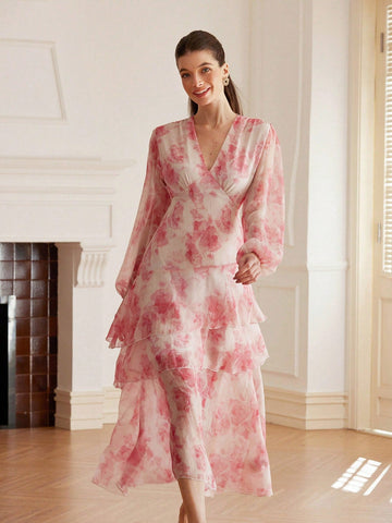 Aveloria Rosie Elegant V-Neck Random Floral Print Chiffon Cinched Waist Asymmetric Hem Long Sleeve Dress For Women Aveloria Rosie Elegant V-Neck Random Floral Print Chiffon Cinched Waist Asymmetric Hem Long Sleeve Dress For Women