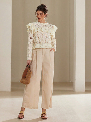 Rosie French Delicate Embroidered Eyelet Ruffled Collar Long Sleeve Blouse Rosie French Delicate Embroidered Eyelet Ruffled Collar Long Sleeve Blouse