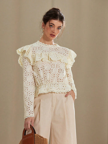 Rosie French Delicate Embroidered Eyelet Ruffled Collar Long Sleeve Blouse Rosie French Delicate Embroidered Eyelet Ruffled Collar Long Sleeve Blouse