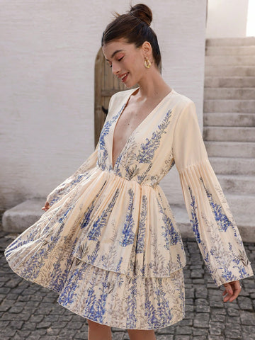 Aveloria Rosie French Elegant Blue Random Print V-Neck Layered Ruffled Hem Short Dress, Girlfriend Gift Occasion Wear With Long Sleeve Aveloria Rosie French Elegant Blue Random Print V-Neck Layered Ruffled Hem Short Dress, Girlfriend Gift Occasion Wear With Long Sleeve