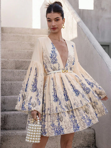 Aveloria Rosie French Elegant Blue Random Print V-Neck Layered Ruffled Hem Short Dress, Girlfriend Gift Occasion Wear With Long Sleeve Aveloria Rosie French Elegant Blue Random Print V-Neck Layered Ruffled Hem Short Dress, Girlfriend Gift Occasion Wear With Long Sleeve