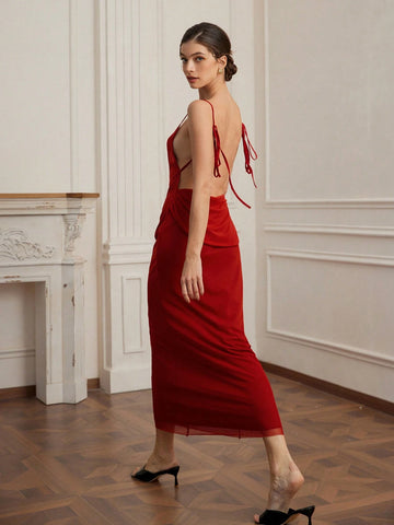 Aveloria Rosie Long Elegant Sleeveless Mesh Backless Tie-Up Flowy Angora Red Dress For Women Aveloria Rosie Long Elegant Sleeveless Mesh Backless Tie-Up Flowy Angora Red Dress For Women