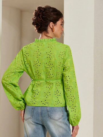 Rosie Women V-Neck Hollow Embroidered Lantern Sleeve Tie Hem Short Blouse Rosie Women V-Neck Hollow Embroidered Lantern Sleeve Tie Hem Short Blouse