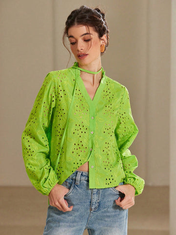 Rosie Women V-Neck Hollow Embroidered Lantern Sleeve Tie Hem Short Blouse Rosie Women V-Neck Hollow Embroidered Lantern Sleeve Tie Hem Short Blouse