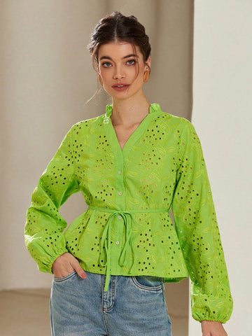 Rosie Women V-Neck Hollow Embroidered Lantern Sleeve Tie Hem Short Blouse Rosie Women V-Neck Hollow Embroidered Lantern Sleeve Tie Hem Short Blouse