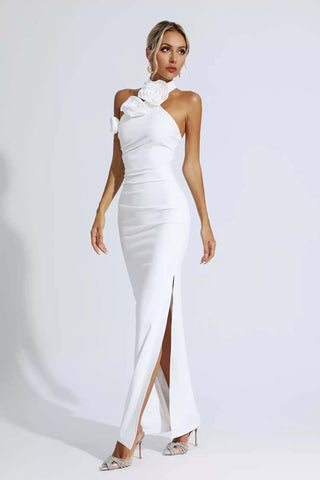 Aylin White Floral Ruched Halter Maxi Dress Aylin White Floral Ruched Halter Maxi Dress