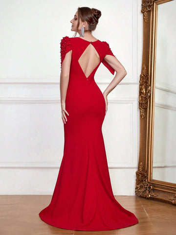 Backless V-Neck New Year's Eve Formal Gown, Fitted Beaded Elegant Dress With Train Backless V-Neck New Year's Eve Formal Gown, Fitted Beaded Elegant Dress With Train