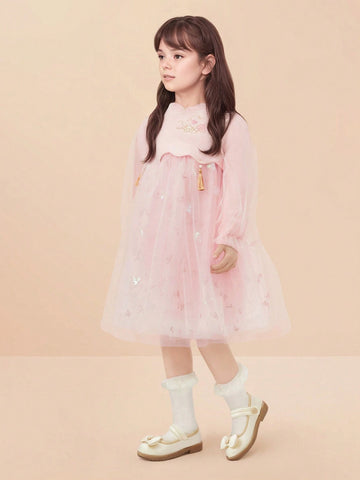 Balabala Balabala Girls' Chinese-Style Mesh Dress, Elegant Springwear For Young Girl Balabala Balabala Girls' Chinese-Style Mesh Dress, Elegant Springwear For Young Girl