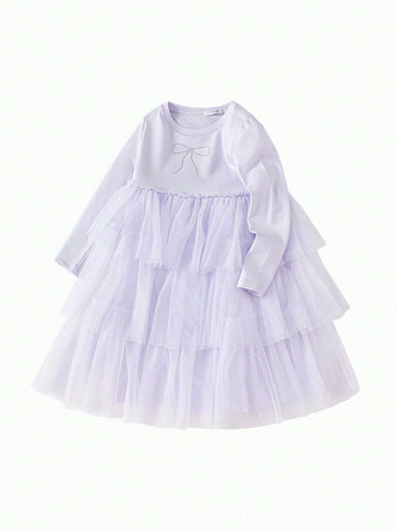 Balabala Girls' Dress, 2024 Autumn Collection, Trendy Long Sleeve Mesh Dress For Toddlers Balabala Girls' Dress, 2024 Autumn Collection, Trendy Long Sleeve Mesh Dress For Toddlers