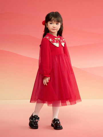 Balabala Girls' Knit Dress, Red Tulle Princess Outfit, 2025 New Year Style Balabala Girls' Knit Dress, Red Tulle Princess Outfit, 2025 New Year Style