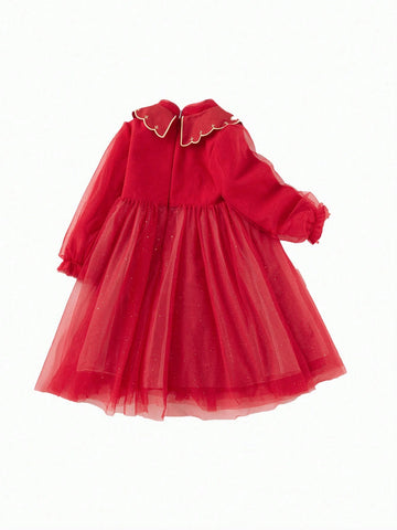 Balabala Girls' Knit Dress, Red Tulle Princess Outfit, 2025 New Year Style Balabala Girls' Knit Dress, Red Tulle Princess Outfit, 2025 New Year Style