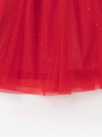 Balabala Girls' Knit Dress, Red Tulle Princess Outfit, 2025 New Year Style Balabala Girls' Knit Dress, Red Tulle Princess Outfit, 2025 New Year Style