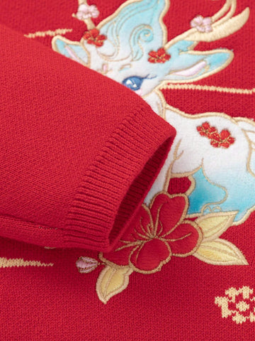 Balabala Balabala Girls' Red Knit Dress, 2025 Embroidered Spring New Year Outfit Balabala Balabala Girls' Red Knit Dress, 2025 Embroidered Spring New Year Outfit