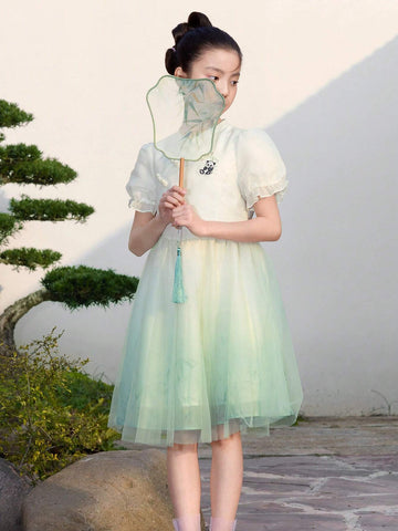 Balabala Kids' Dress 2024 New Summer Large Girls' Dress Chinese Style Mesh Skirt Sweet Bubble Sleeve Balabala Kids' Dress 2024 New Summer Large Girls' Dress Chinese Style Mesh Skirt Sweet Bubble Sleeve
