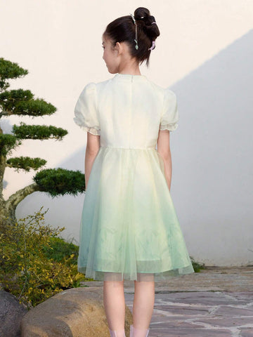 Balabala Kids' Dress 2024 New Summer Large Girls' Dress Chinese Style Mesh Skirt Sweet Bubble Sleeve Balabala Kids' Dress 2024 New Summer Large Girls' Dress Chinese Style Mesh Skirt Sweet Bubble Sleeve