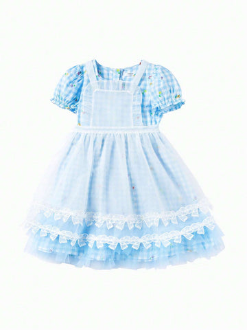 Balabala Young Girl Plaid Contrast Mesh Frill Trim Princess Dress, Lovely Balabala Young Girl Plaid Contrast Mesh Frill Trim Princess Dress, Lovely