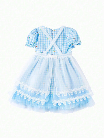 Balabala Young Girl Plaid Contrast Mesh Frill Trim Princess Dress, Lovely Balabala Young Girl Plaid Contrast Mesh Frill Trim Princess Dress, Lovely