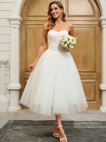 Ballet Style Sequin Contrast Mesh Strapless Wedding Gown, Party Dress Ballet Style Sequin Contrast Mesh Strapless Wedding Gown, Party Dress