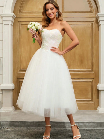 Ballet Style Sequin Contrast Mesh Strapless Wedding Gown, Party Dress Ballet Style Sequin Contrast Mesh Strapless Wedding Gown, Party Dress