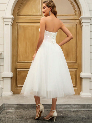 Ballet Style Sequin Contrast Mesh Strapless Wedding Gown, Party Dress Ballet Style Sequin Contrast Mesh Strapless Wedding Gown, Party Dress