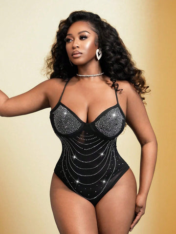 BamGleam Women's Fashion Sexy Black Glitter Diamond Mesh See-Through Bodysuit, Party Night BamGleam Women's Fashion Sexy Black Glitter Diamond Mesh See-Through Bodysuit, Party Night