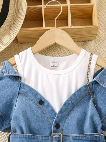 Beach Fun! 2pcs/Set Young Girls' Casual Halter Neck Vest Top With Sheer Daisy Print Collar Outerwear And Shorts, Perfect For Summer Beach Fun! 2pcs/Set Young Girls' Casual Halter Neck Vest Top With Sheer Daisy Print Collar Outerwear And Shorts, Perfect For Summer