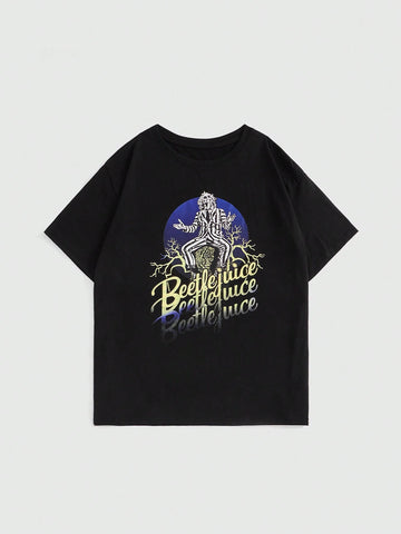 ROMWE Cartoon Figure And Letter Graphic Drop Shoulder Oversize Tee ROMWE Cartoon Figure And Letter Graphic Drop Shoulder Oversize Tee