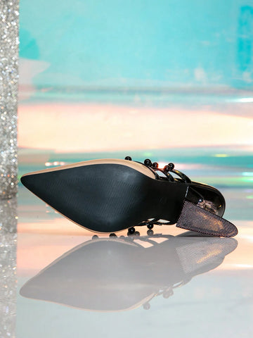 Black Pearl Rivet Pointed Toe Slip-On Crystal Block Heel Black Pearl Rivet Pointed Toe Slip-On Crystal Block Heel