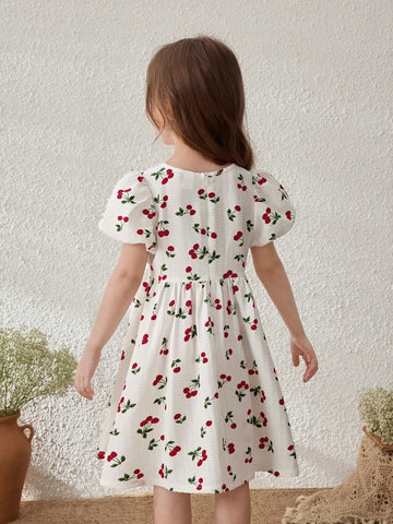 Young Girls Countryside Vacation Butterfly Decor Fruit Print Puff Sleeve Dress Young Girls Countryside Vacation Butterfly Decor Fruit Print Puff Sleeve Dress