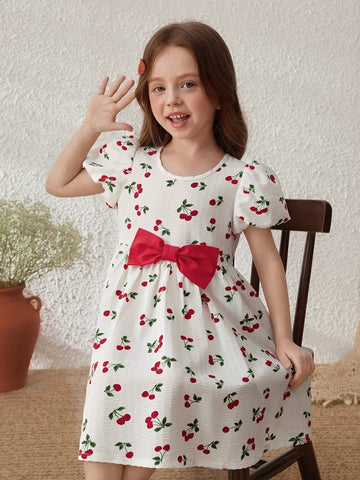 Young Girls Countryside Vacation Butterfly Decor Fruit Print Puff Sleeve Dress Young Girls Countryside Vacation Butterfly Decor Fruit Print Puff Sleeve Dress