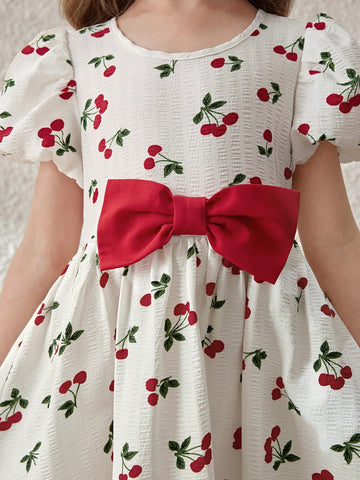 Young Girls Countryside Vacation Butterfly Decor Fruit Print Puff Sleeve Dress Young Girls Countryside Vacation Butterfly Decor Fruit Print Puff Sleeve Dress